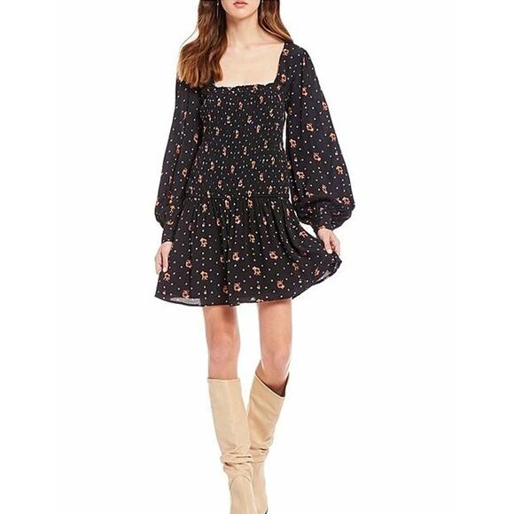 Free‎ People Two Faces Smocked Printed Mini Dress Black Combo Size Large - Picture 1 of 12